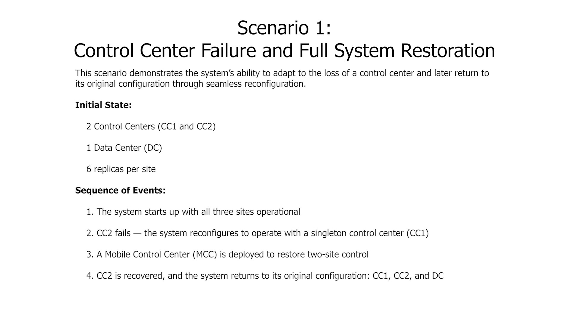 Control center failure and restoration scenario